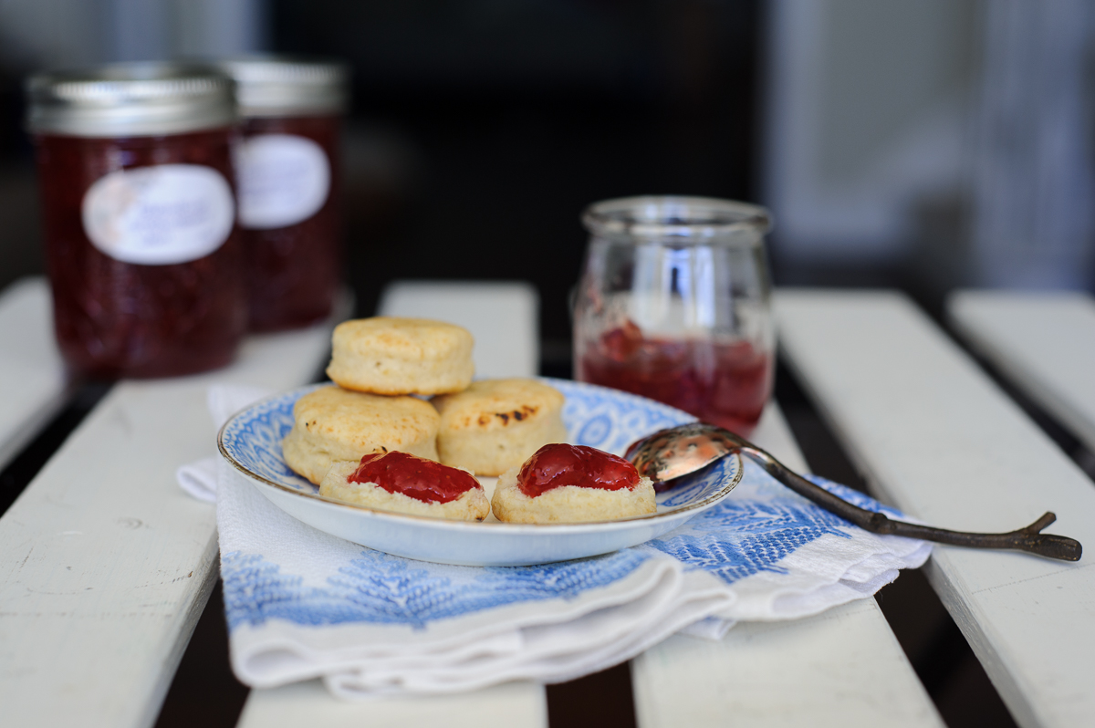 Strawberry Jamon biscuits on a blue plate