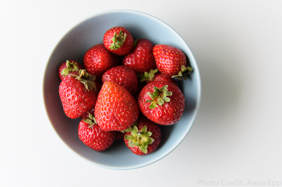Strawberries in a blue bowl